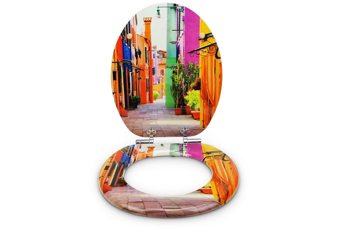 Sanfino WC-Sitz „Colorful Houses“ hochwertiger Toilettendeckel mit Absenkautomatik, aus Holz, viele bunte Motive, hoher Sitzkomfort, einfache Montage Bild 3