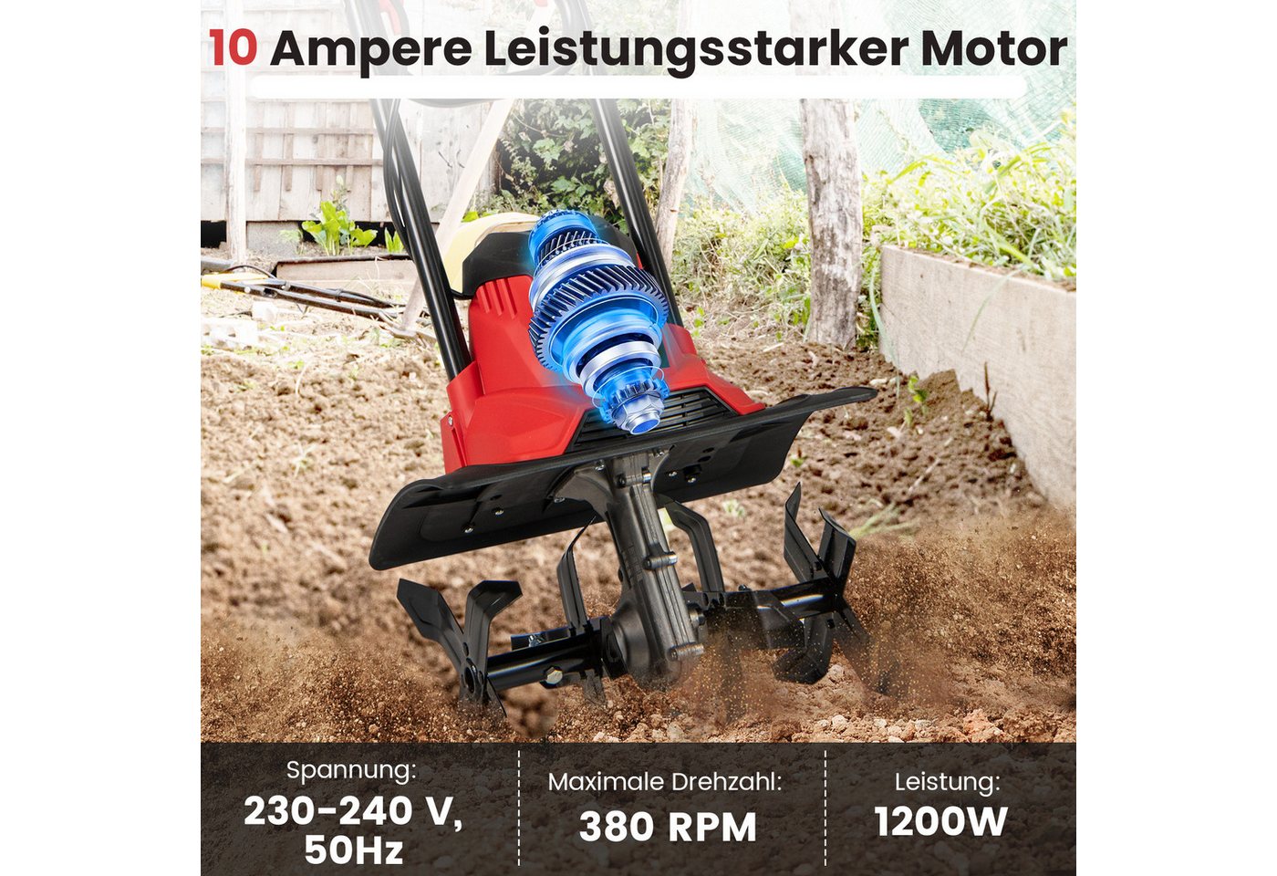 KOMFOTTEU Elektromotorhacke, klappbarer Bodenhacke, 750W, 380 U/min Bild 3