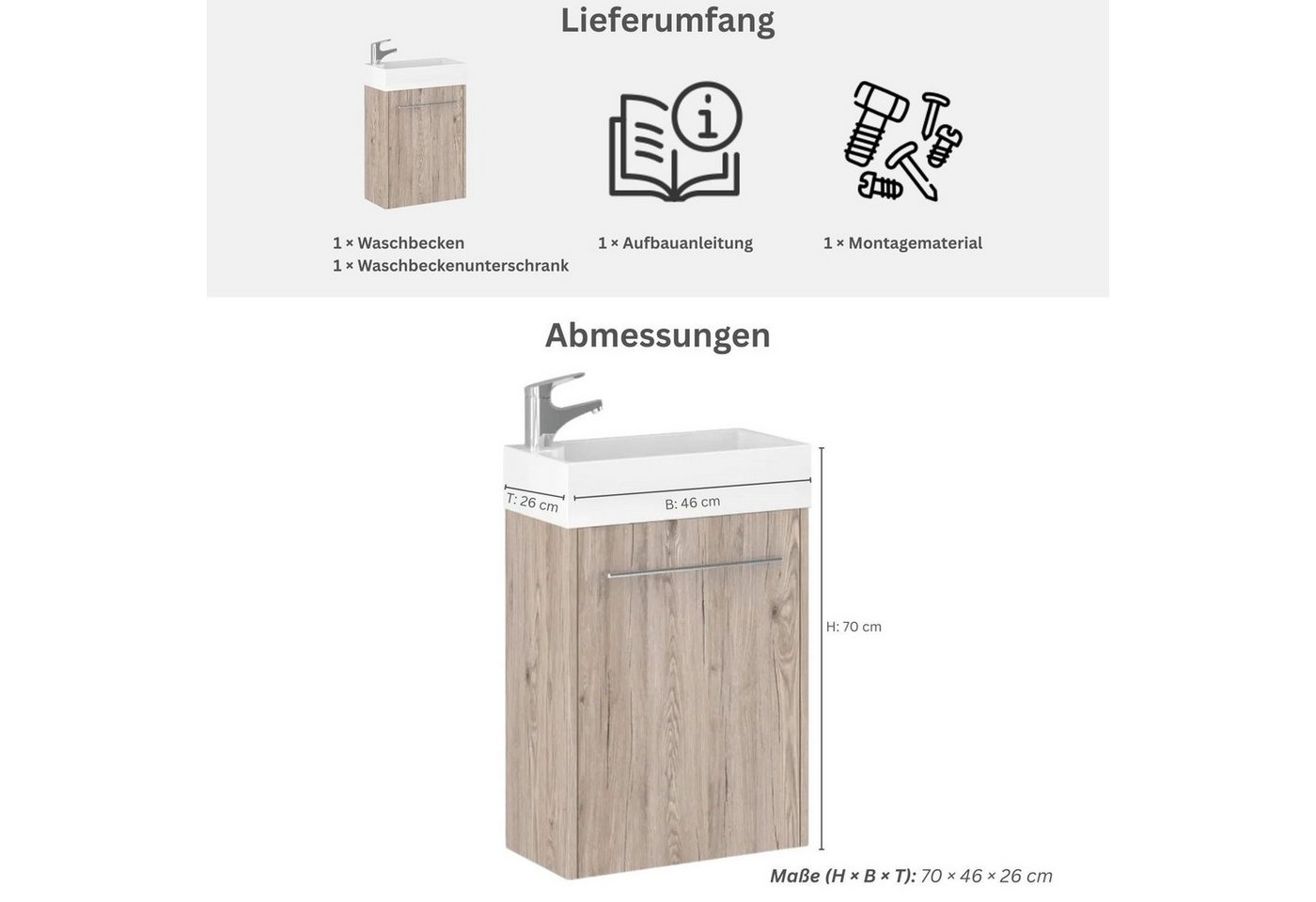 Astor Badmöbel-Set Waschtisch Caddy 46 cm – Waschbecken mit Unterschrank, melaminbeschichtet – einfach zu reinigen Bild 2