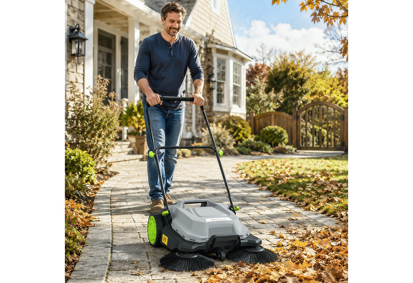 Outsunny Handkehrmaschine mit 24 L Schmutzbehälter, Höhenverstellbar klappbar Griff, 68 cm Arbeitsbreite, (Set, 1-St., Kehrmaschine), effektives 3-Bürsten-Kehrsystem