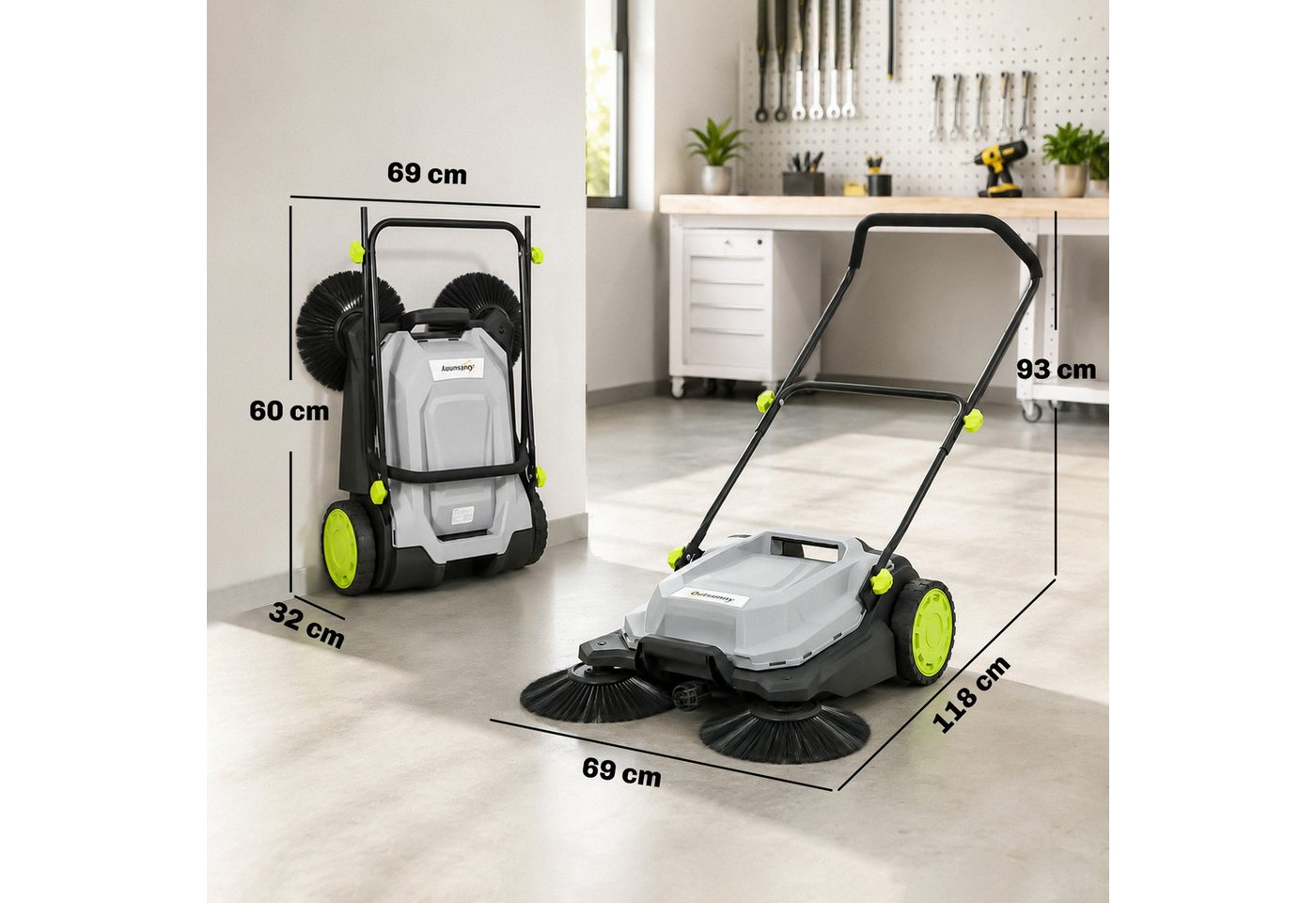 Outsunny Handkehrmaschine mit 24 L Schmutzbehälter, Höhenverstellbar klappbar Griff, 68 cm Arbeitsbreite, (Set, 1-St., Kehrmaschine), effektives 3-Bürsten-Kehrsystem Bild 2