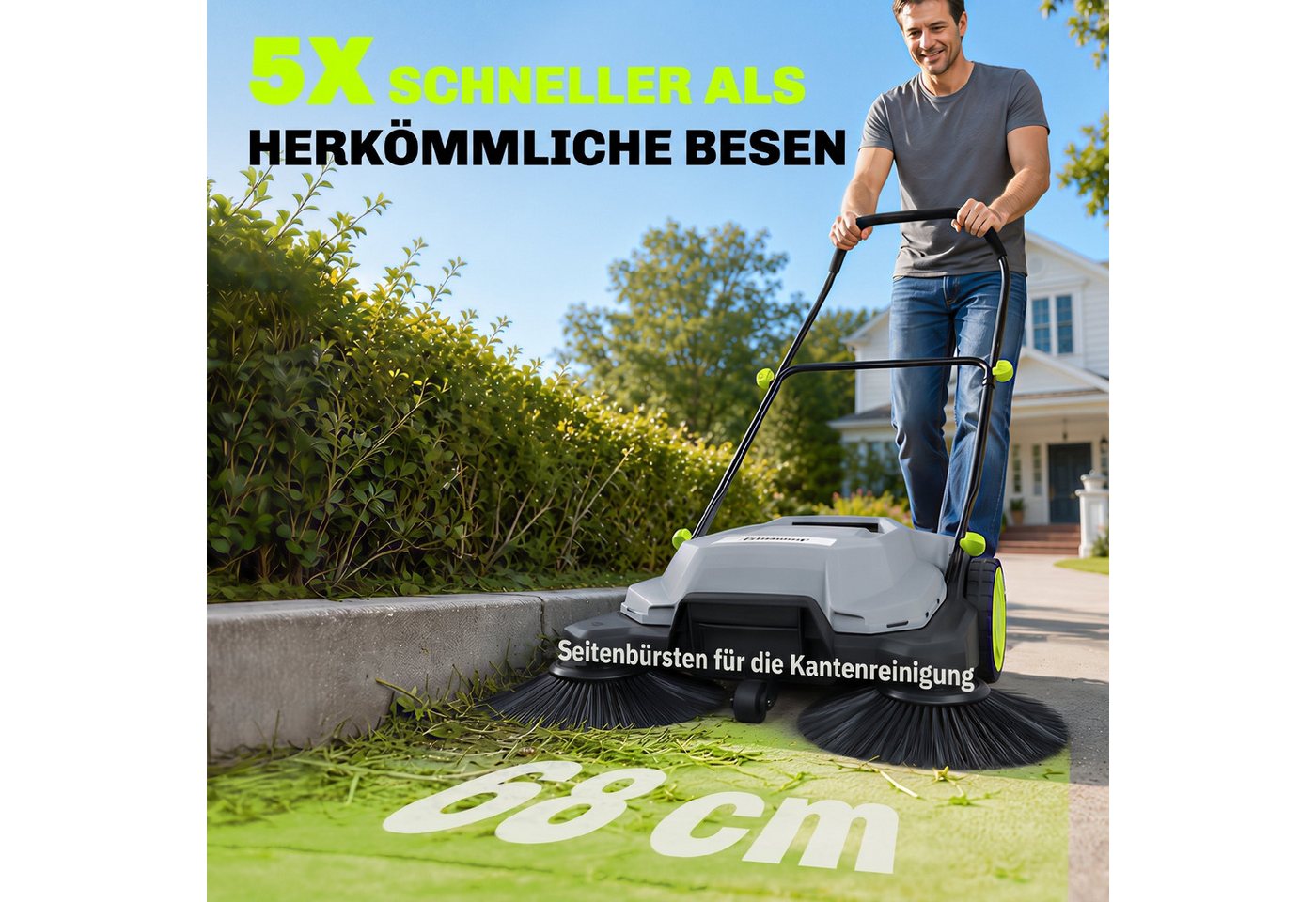 Outsunny Handkehrmaschine mit 24 L Schmutzbehälter, Höhenverstellbar klappbar Griff, 68 cm Arbeitsbreite, (Set, 1-St., Kehrmaschine), effektives 3-Bürsten-Kehrsystem Bild 3