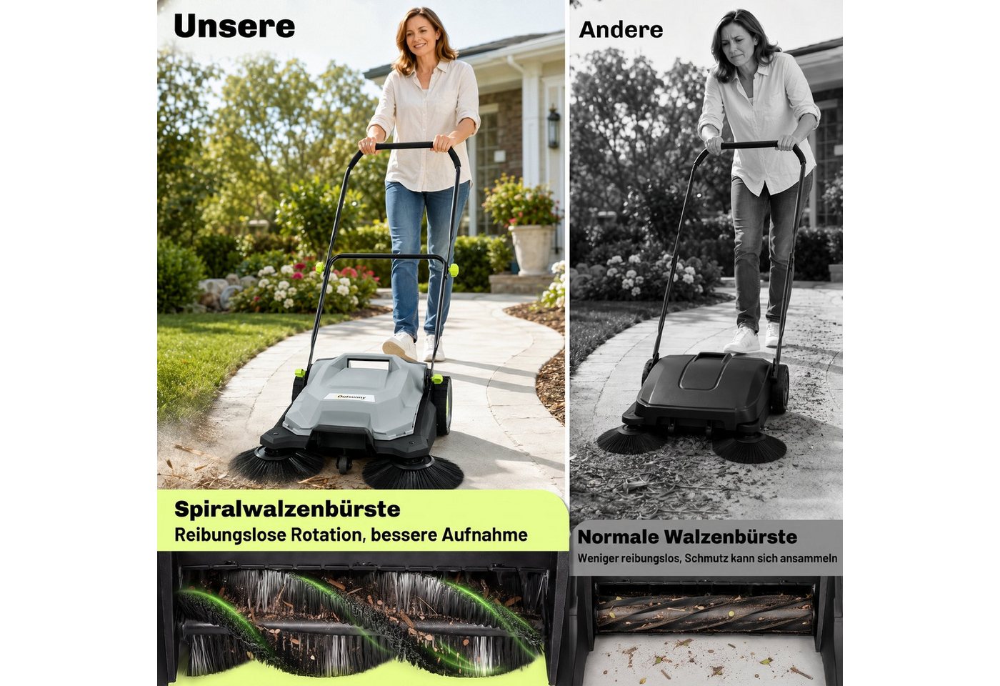 Outsunny Handkehrmaschine mit 24 L Schmutzbehälter, Höhenverstellbar klappbar Griff, 68 cm Arbeitsbreite, (Set, 1-St., Kehrmaschine), effektives 3-Bürsten-Kehrsystem Bild 5