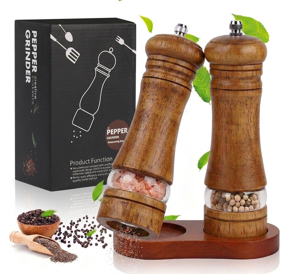 LEMLIT Salz-/Pfeffermühle Manuell Gewürzmühle mit Acrylfenster - Salz und Pfefferstreuer manuell, (2 Stück), 6-Zoll Pfeffer und Salzmühle Holz Mit Untersetzer für Pfeffer Chilli Bild 2