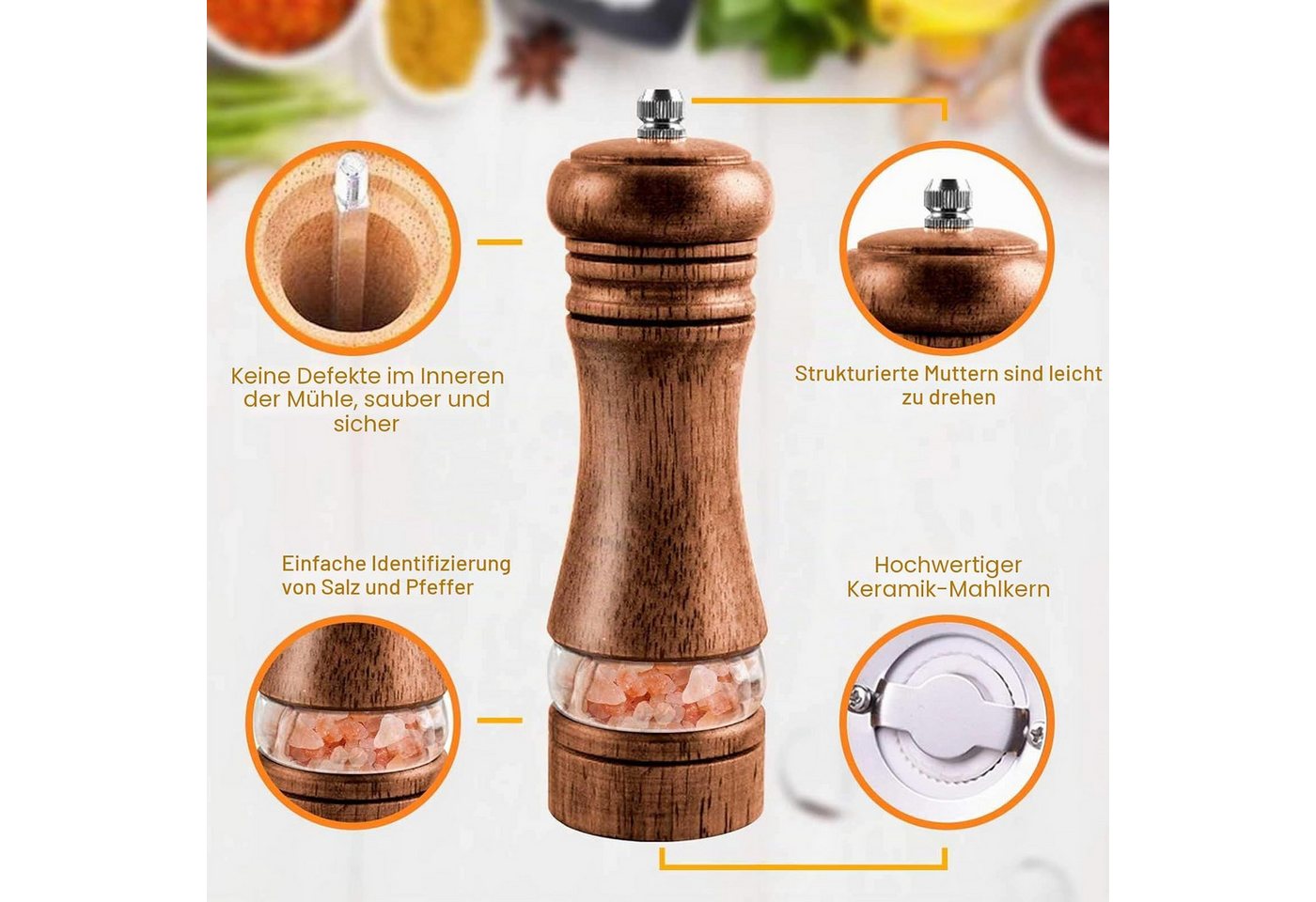 LEMLIT Salz-/Pfeffermühle Manuell Gewürzmühle mit Acrylfenster - Salz und Pfefferstreuer manuell, (2 Stück), 6-Zoll Pfeffer und Salzmühle Holz Mit Untersetzer für Pfeffer Chilli Bild 3