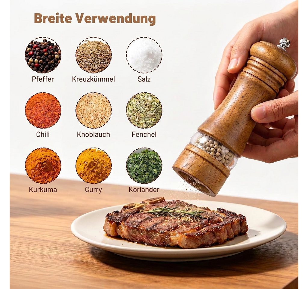 LEMLIT Salz-/Pfeffermühle Manuell Gewürzmühle mit Acrylfenster - Salz und Pfefferstreuer manuell, (2 Stück), 6-Zoll Pfeffer und Salzmühle Holz Mit Untersetzer für Pfeffer Chilli Bild 5