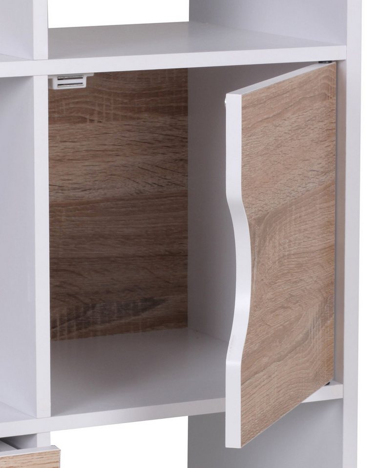 FINEBUY Standregal SuVa2083_1 Bücherregal Weiß freistehend Regal Sonoma Tür Schub Weiß, 60 x 120 x 29 cm Weiß / Sonoma Eiche, Bücherregal, Flurregal mit Schubladen und Tür, Regal Modern Bild 2