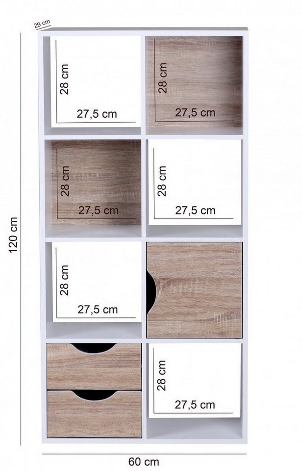 FINEBUY Standregal SuVa2083_1 Bücherregal Weiß freistehend Regal Sonoma Tür Schub Weiß, 60 x 120 x 29 cm Weiß / Sonoma Eiche, Bücherregal, Flurregal mit Schubladen und Tür, Regal Modern Bild 4
