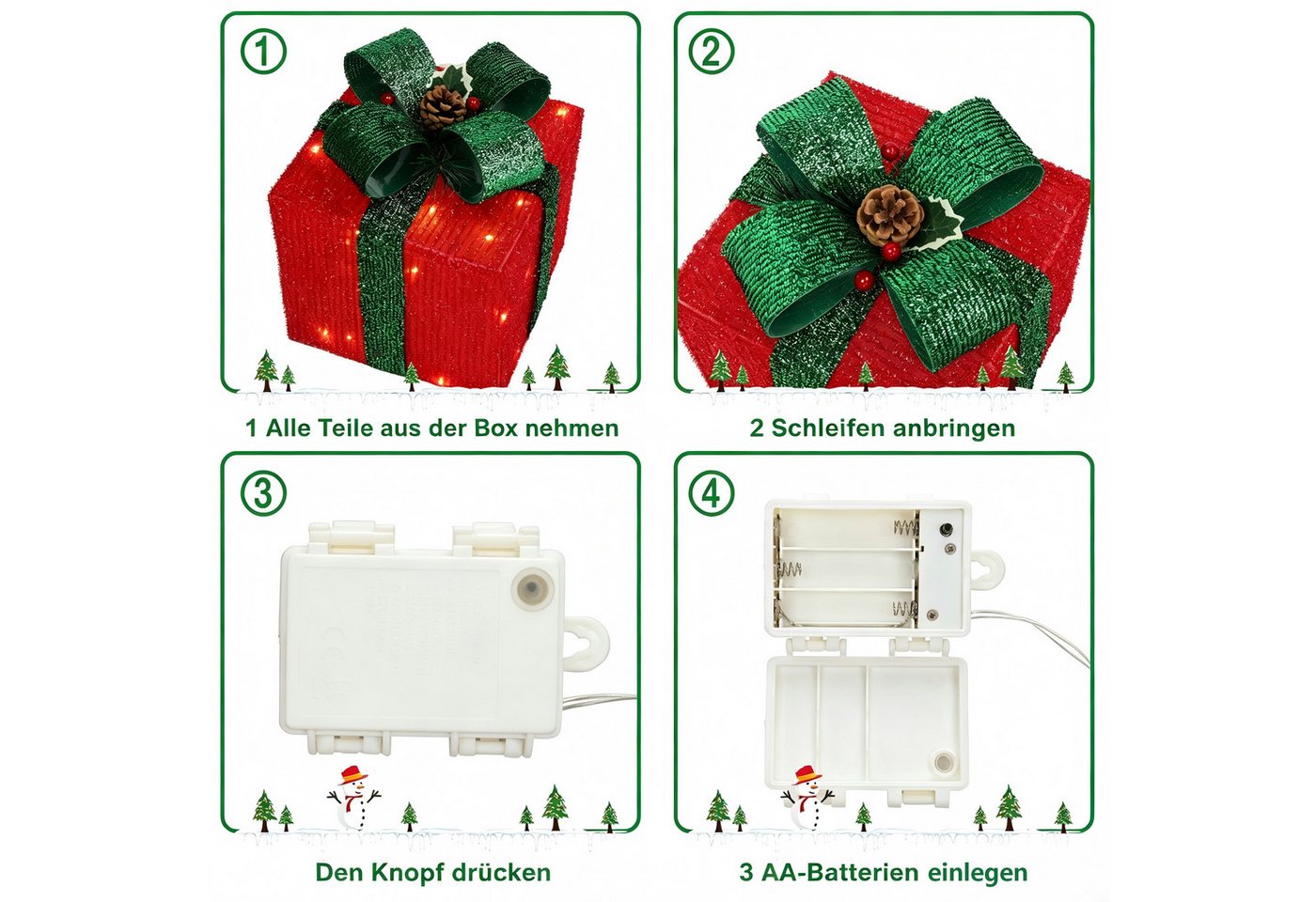 VINGLI LED Dekolicht 3er Set LED Geschenkboxen für Innen & Außen, 60 LEDs, ABS Kunststoffrahmen, Warmweiß Lichter, Batteriebetrieben