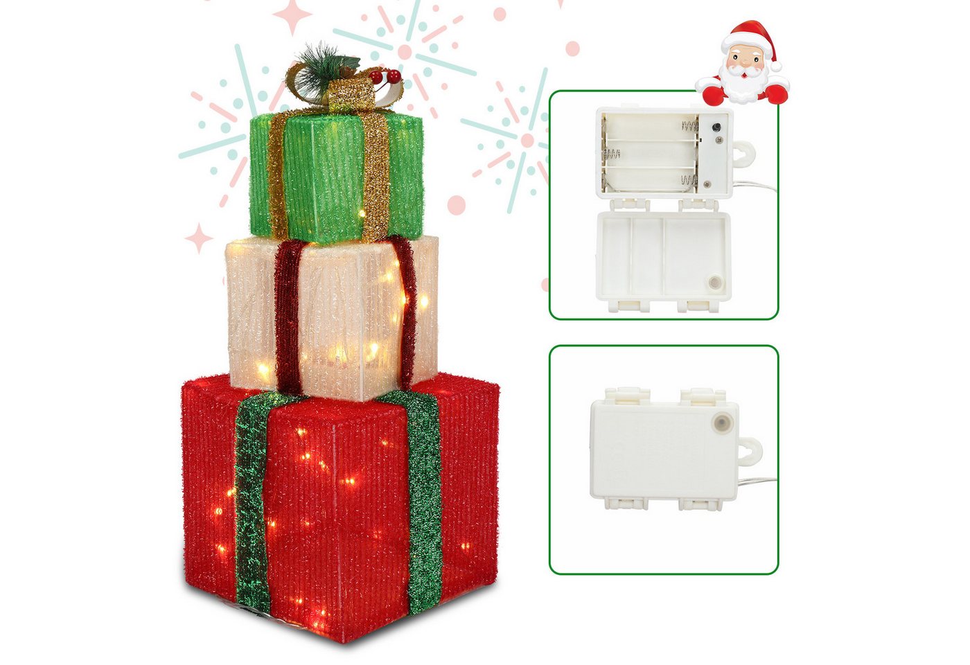 VINGLI LED Dekolicht 3er Set LED Geschenkboxen für Innen & Außen, 60 LEDs, ABS Kunststoffrahmen, Warmweiß Lichter, Batteriebetrieben Bild 3