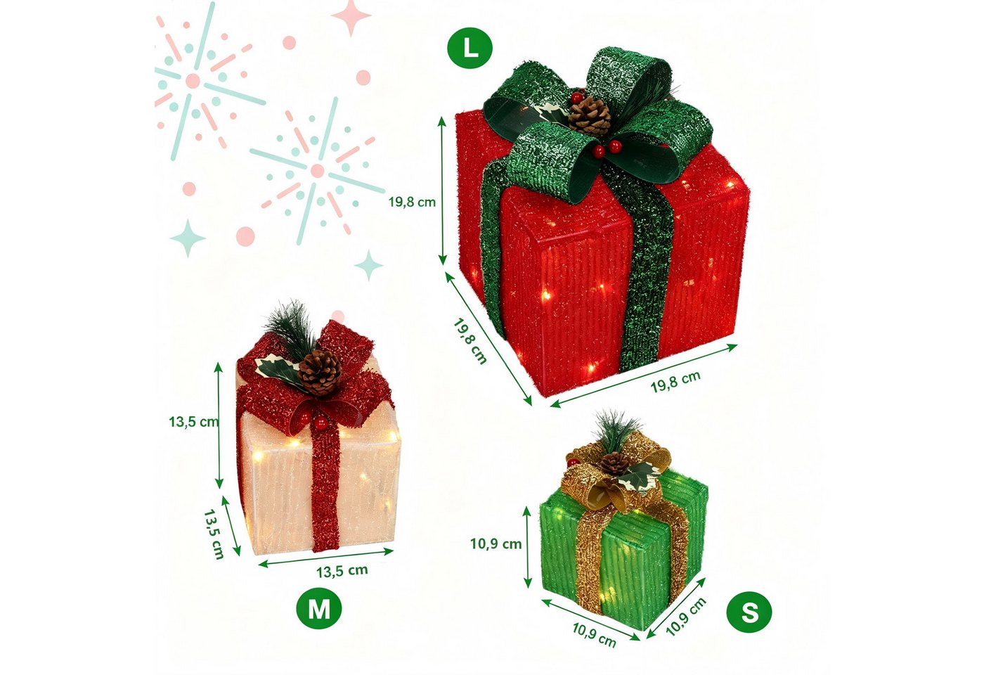 VINGLI LED Dekolicht 3er Set LED Geschenkboxen für Innen & Außen, 60 LEDs, ABS Kunststoffrahmen, Warmweiß Lichter, Batteriebetrieben Bild 4