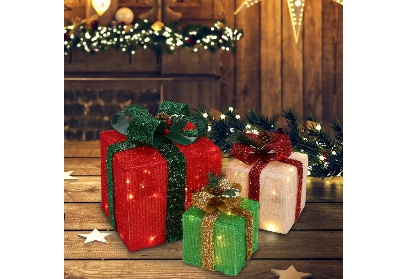 VINGLI LED Dekolicht 3er Set LED Geschenkboxen für Innen & Außen, 60 LEDs, ABS Kunststoffrahmen, Warmweiß Lichter, Batteriebetrieben Bild 5