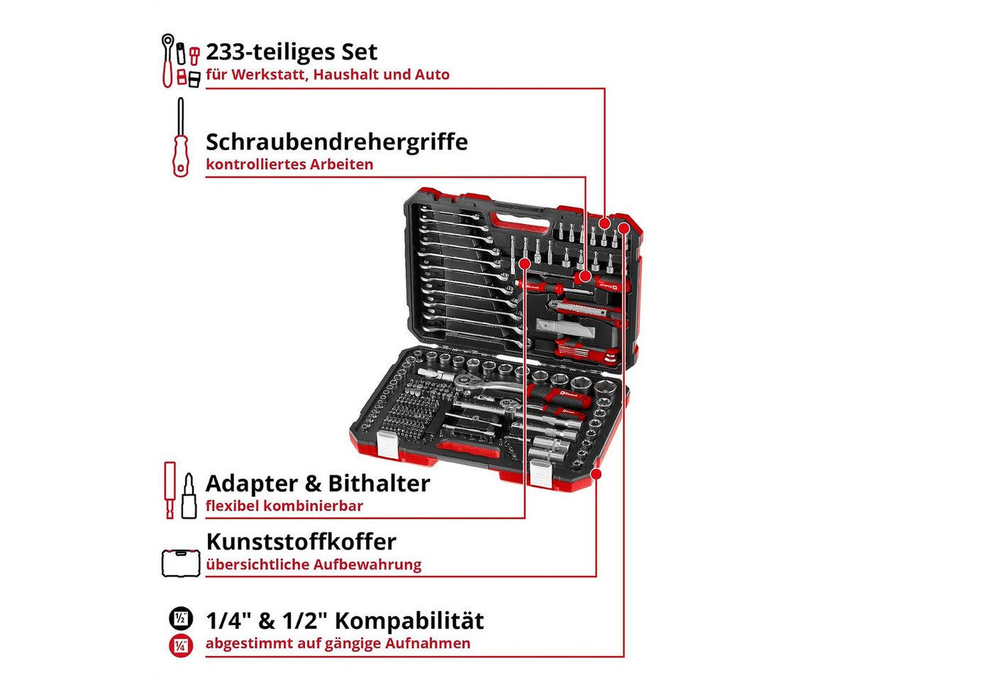 Einhell Werkzeugset, (233-tlg), Einhell Werkzeugkoffer 233-tlg. (Umschaltknarren, Gabel-Ringschlüssel