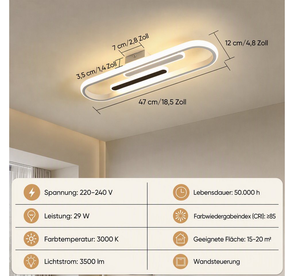 BlingBin LED Deckenleuchte 47cm Deckenlampe 29W 3400 lm warmweiß moderne LED Lampe, LED fest integriert, Tageslichtweiß, für Esstisch, Wohnzimmer und Büro