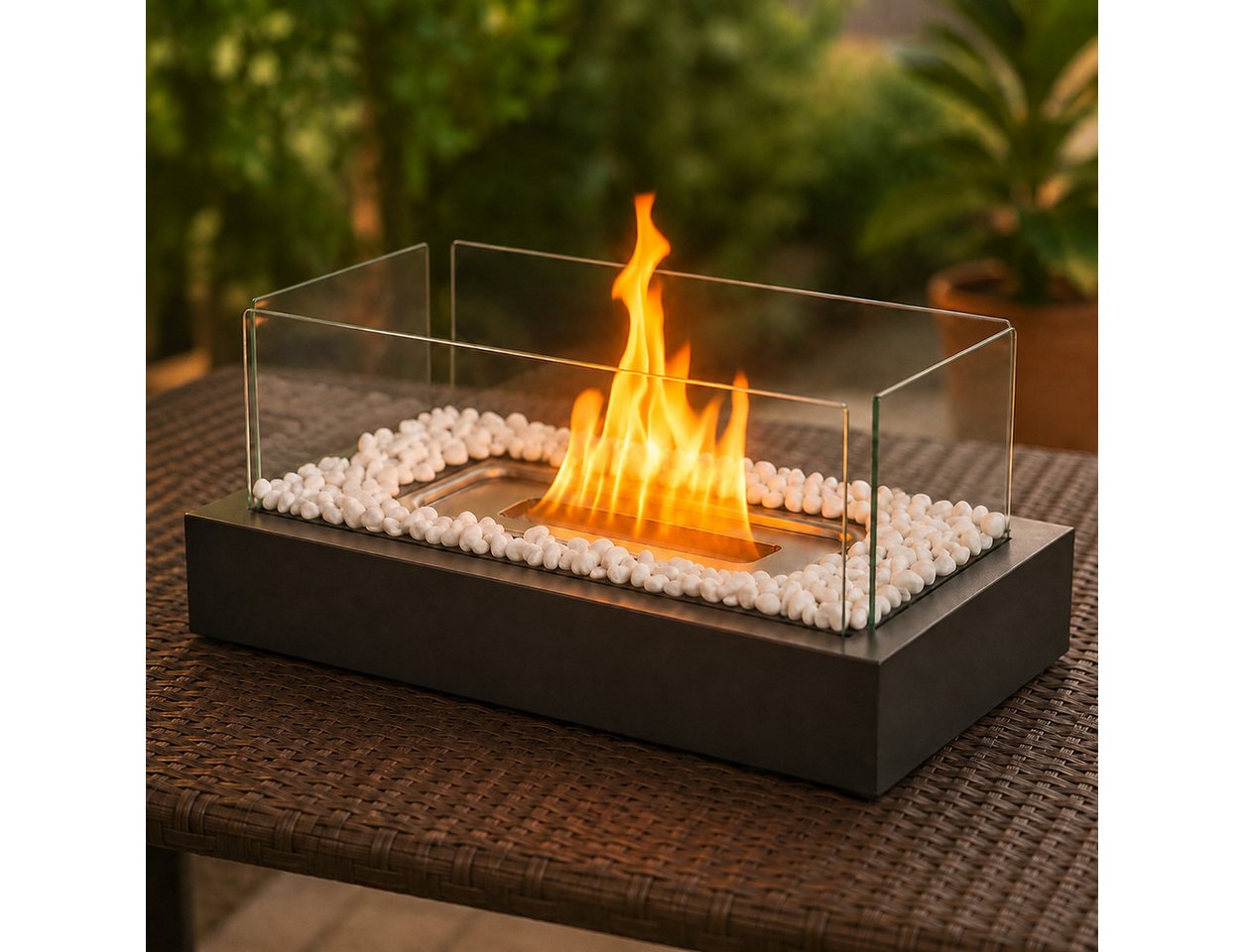 ZMH Tischfeuer Indoor Outdoor Tischkamin Ethanol Dekokamin Schwarz Edelstahl Glas, 250ml Brennvolumen, 4 Windschutzgläser, Metallbasis, standsicher