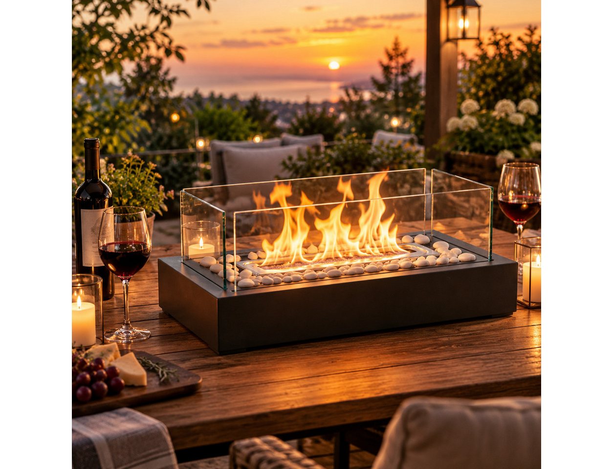 ZMH Tischfeuer Indoor Outdoor Tischkamin Ethanol Dekokamin Schwarz Edelstahl Glas, 250ml Brennvolumen, 4 Windschutzgläser, Metallbasis, standsicher Bild 4