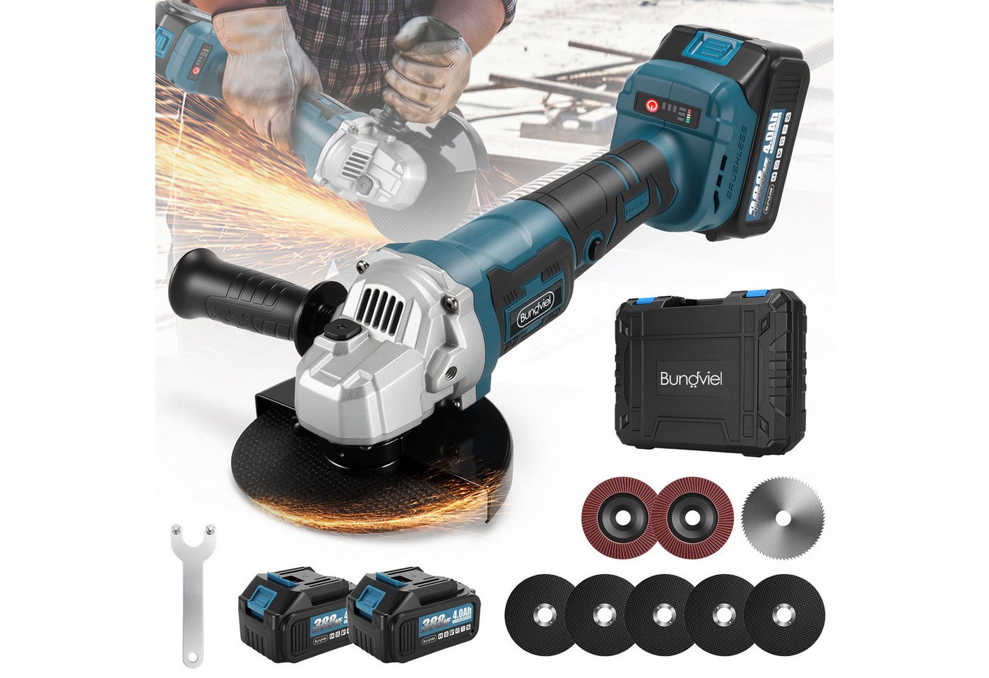 Bundviel Akku-Winkelschleifer Bürstenloser 21V Elektrischer Flex Winkelschleifer Trennschleifer, max. 12000 U/min, Ø 125mm, mit 5× Trennscheiben, 2× Schleifscheiben, 1× PVC-Trennscheibe Bild 2