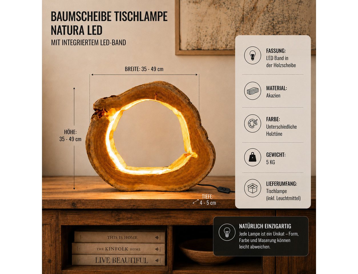 Möbel Bressmer Tischleuchte NATURA LED Holz Tischlampe,Handarbeit Tischlampe mit LED-Streifen,49cm Bild 2