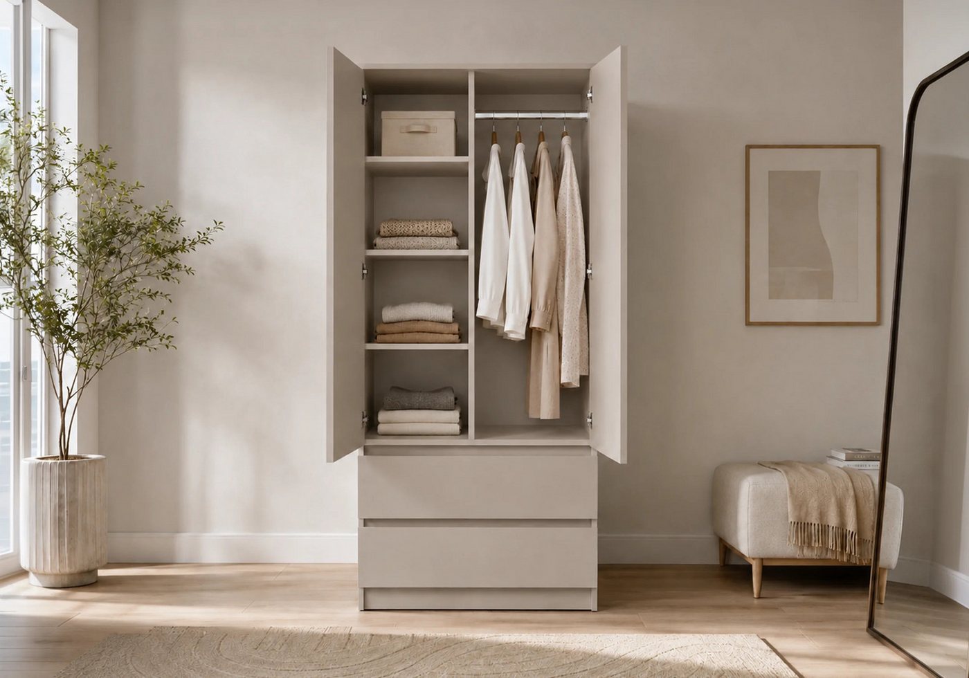 MOEBLO Drehtürenschrank LOSKO 2D2S (Kleiderschrank - 90 cm breit, mit 2 Türen, 2 Schubladen, 4 Einlegeböden und Kleiderstange, grifflos, Weiß oder Kaschmir) (BxHxT): 90 x 180 x 50 cm Bild 3