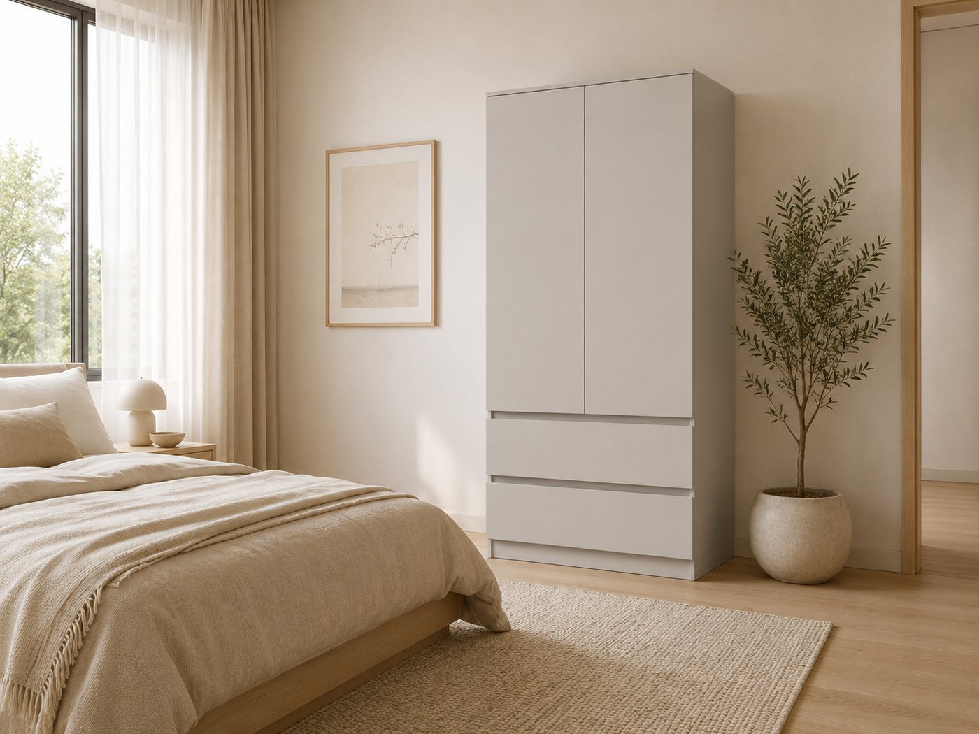 MOEBLO Drehtürenschrank LOSKO 2D2S (Kleiderschrank - 90 cm breit, mit 2 Türen, 2 Schubladen, 4 Einlegeböden und Kleiderstange, grifflos, Weiß oder Kaschmir) (BxHxT): 90 x 180 x 50 cm Bild 4