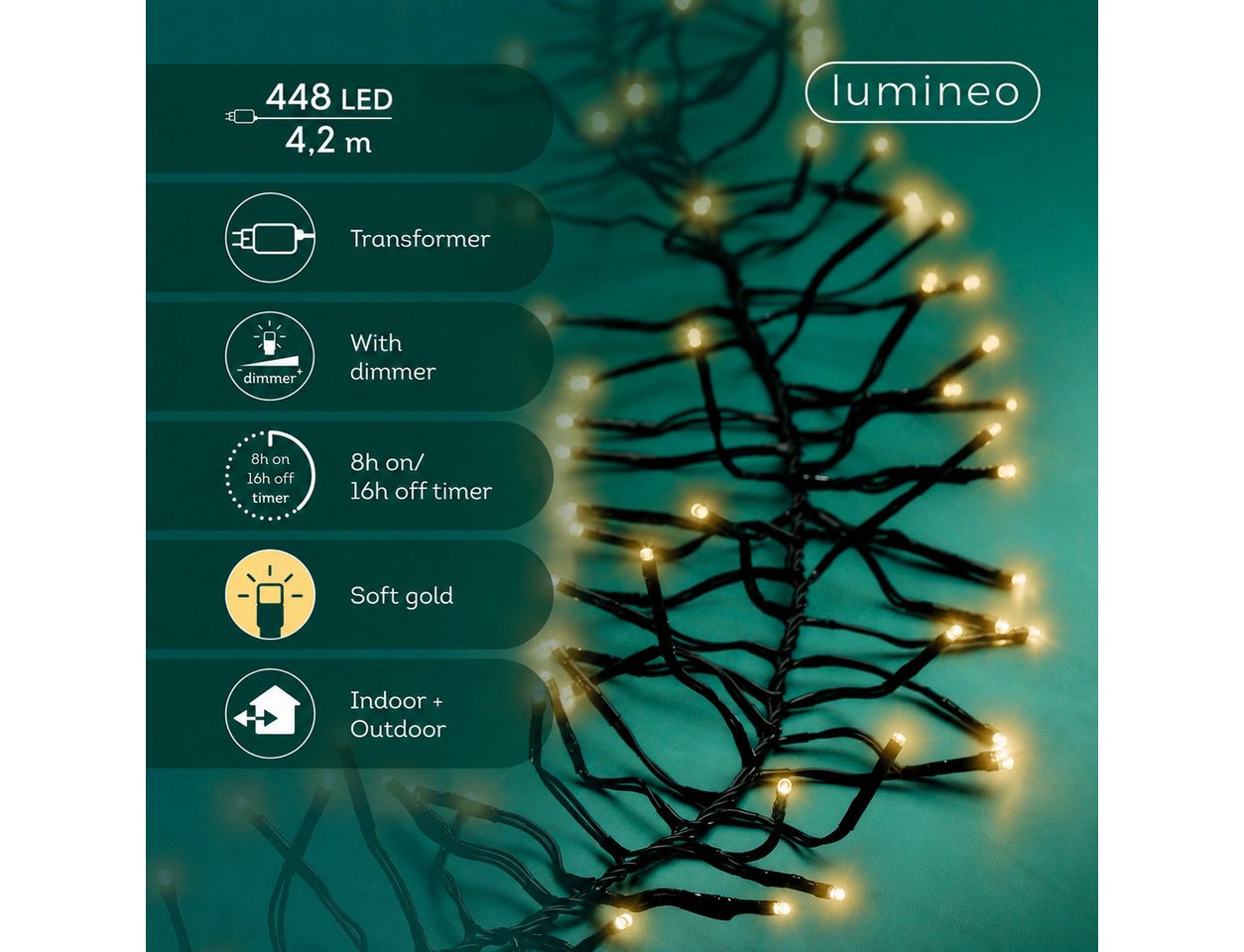 Lumineo LED-Lichterkette Lumineo Lichterkette CLUSTER 448 LED 4,2 m Soft Gold, schwarzes Kabel, Indoor/Outdoor, dimmbar, 8h-Timer, + 5 m Zuleitung