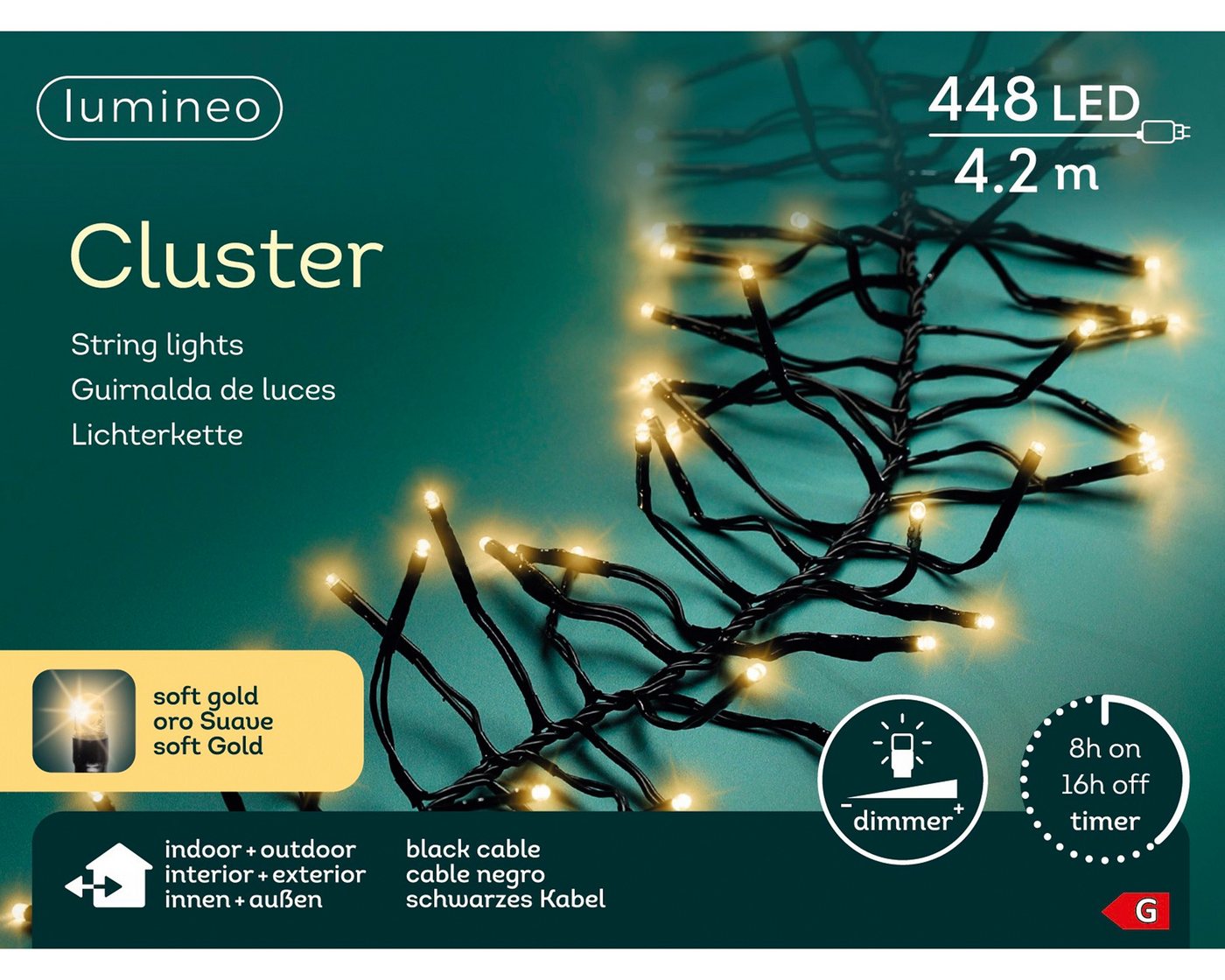 Lumineo LED-Lichterkette Lumineo Lichterkette CLUSTER 448 LED 4,2 m Soft Gold, schwarzes Kabel, Indoor/Outdoor, dimmbar, 8h-Timer, + 5 m Zuleitung Bild 3