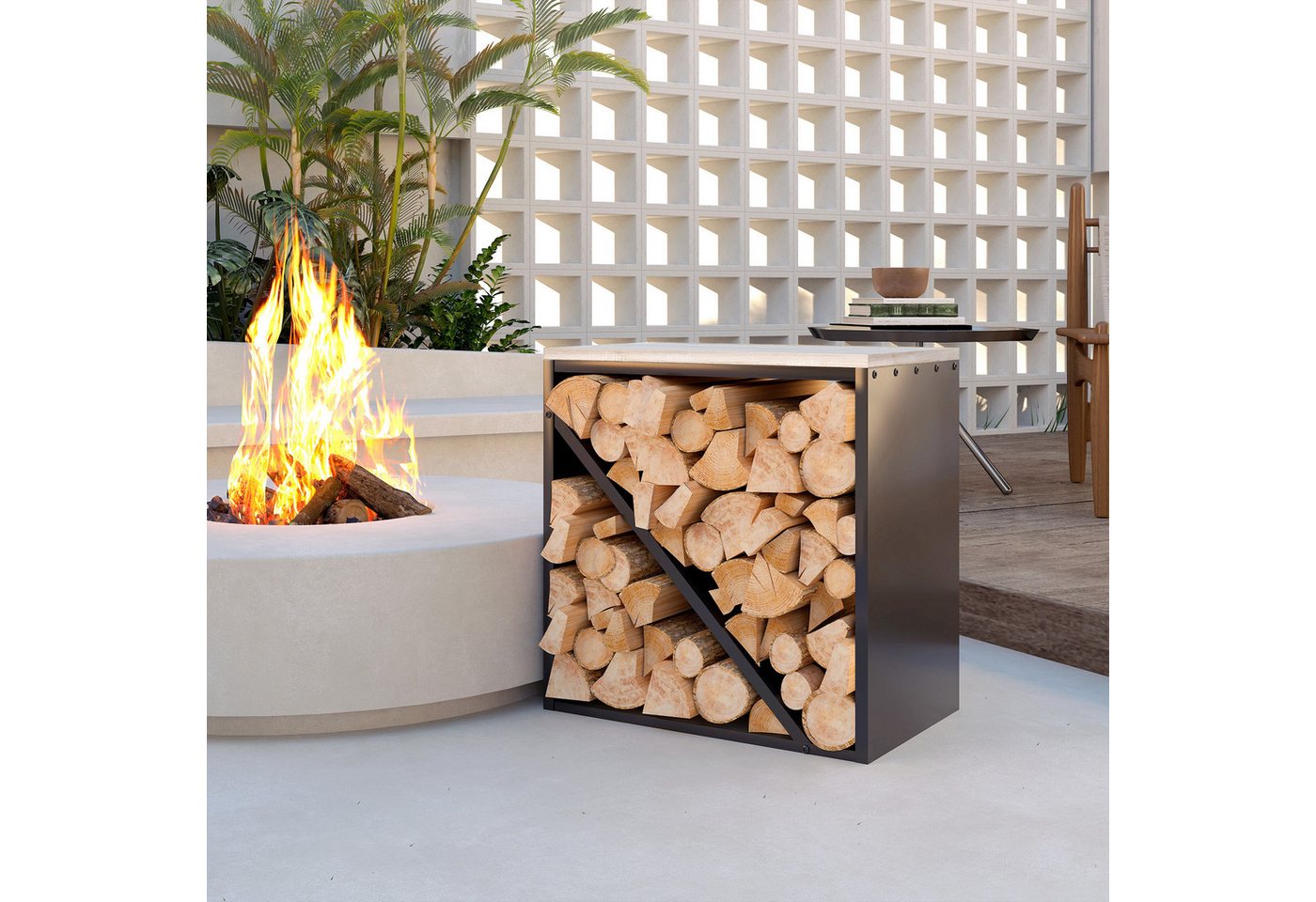 Outsunny Kaminholzregal Brennholzregal mit Trenner Kaminholzständer für Kamin Feuerholzregal, BxTxH:36x36x60 cm, (Holzlager, 1-St., Holzregal), für Feuerholz, Brennholz Metall Schwarz