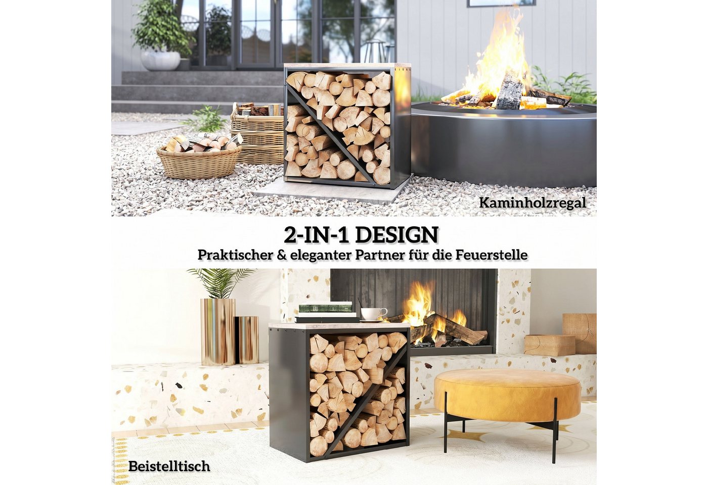 Outsunny Kaminholzregal Brennholzregal mit Trenner Kaminholzständer für Kamin Feuerholzregal, BxTxH:36x36x60 cm, (Holzlager, 1-St., Holzregal), für Feuerholz, Brennholz Metall Schwarz Bild 3