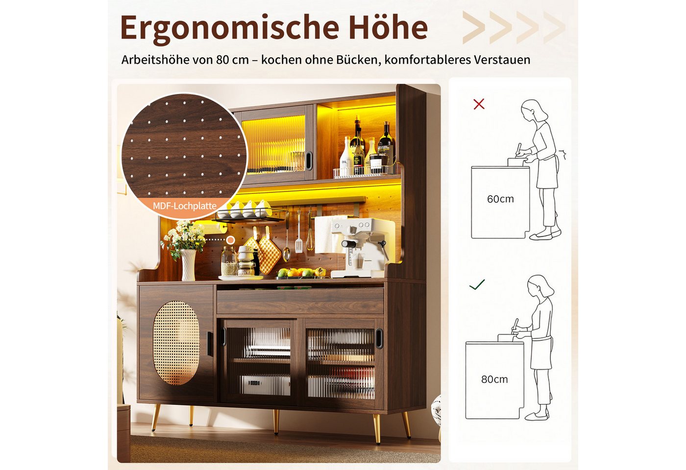 Celya Küchenbuffet Buffetschrank Landhaus mit LED und Lochwand (145x39x171cm, 5 Türen und 1 Schublade) vielseitig einsetzbar in Küche, Esszimmer oder Wohnzimmer