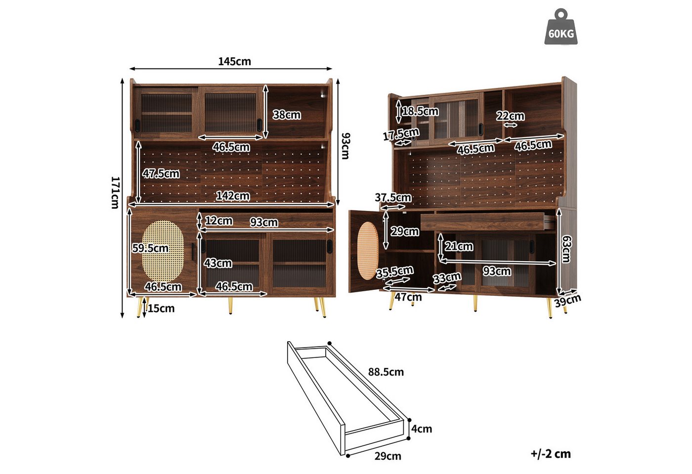 Celya Küchenbuffet Buffetschrank Landhaus mit LED und Lochwand (145x39x171cm, 5 Türen und 1 Schublade) vielseitig einsetzbar in Küche, Esszimmer oder Wohnzimmer Bild 2