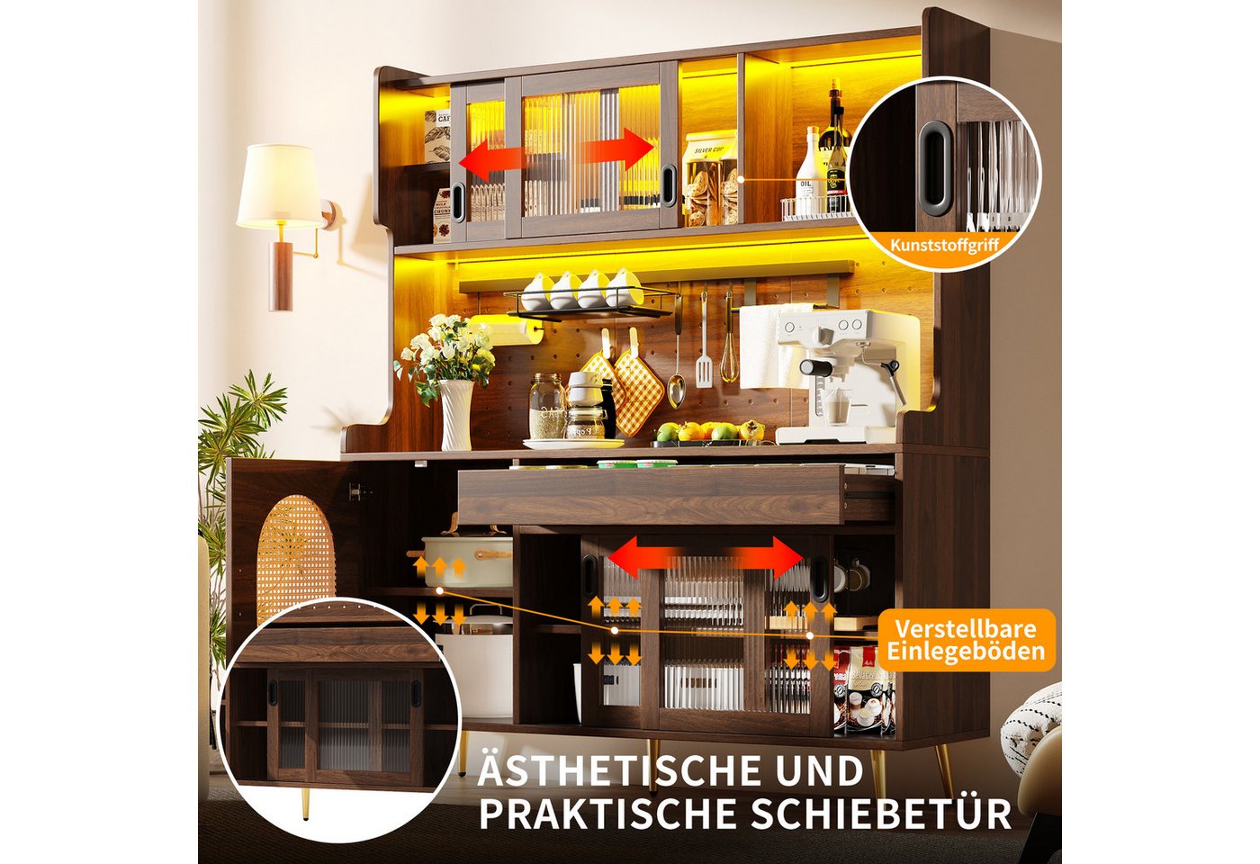 Celya Küchenbuffet Buffetschrank Landhaus mit LED und Lochwand (145x39x171cm, 5 Türen und 1 Schublade) vielseitig einsetzbar in Küche, Esszimmer oder Wohnzimmer Bild 3