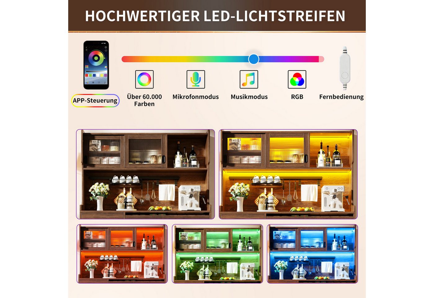 Celya Küchenbuffet Buffetschrank Landhaus mit LED und Lochwand (145x39x171cm, 5 Türen und 1 Schublade) vielseitig einsetzbar in Küche, Esszimmer oder Wohnzimmer Bild 4