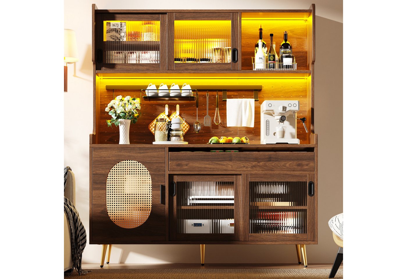 Celya Küchenbuffet Buffetschrank Landhaus mit LED und Lochwand (145x39x171cm, 5 Türen und 1 Schublade) vielseitig einsetzbar in Küche, Esszimmer oder Wohnzimmer Bild 5