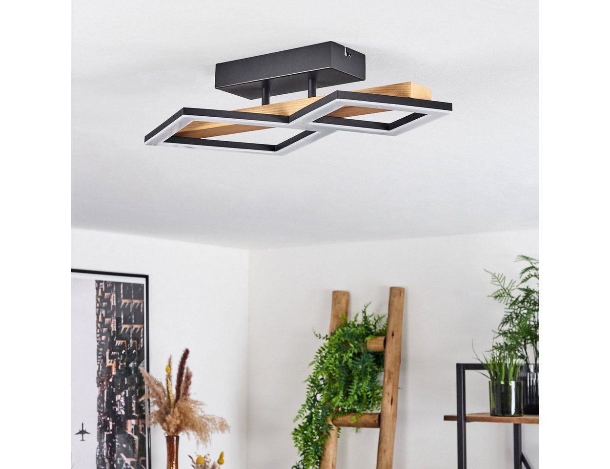 hofstein Deckenleuchte »Stoccareddo« Deckenlampe, Metall/Holz/Kunststoff, Schwarz/Natur/Weiß, 3000 Kelvin, Leuchte mit Balken aus Echtholz, 1150 Lumen, 1xLED 19 Watt