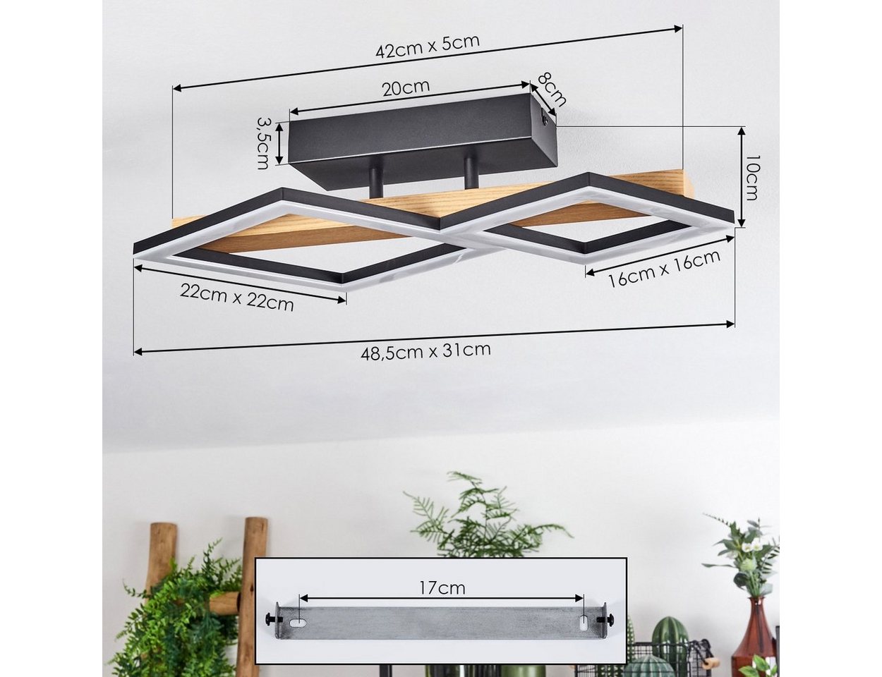 hofstein Deckenleuchte »Stoccareddo« Deckenlampe, Metall/Holz/Kunststoff, Schwarz/Natur/Weiß, 3000 Kelvin, Leuchte mit Balken aus Echtholz, 1150 Lumen, 1xLED 19 Watt Bild 2