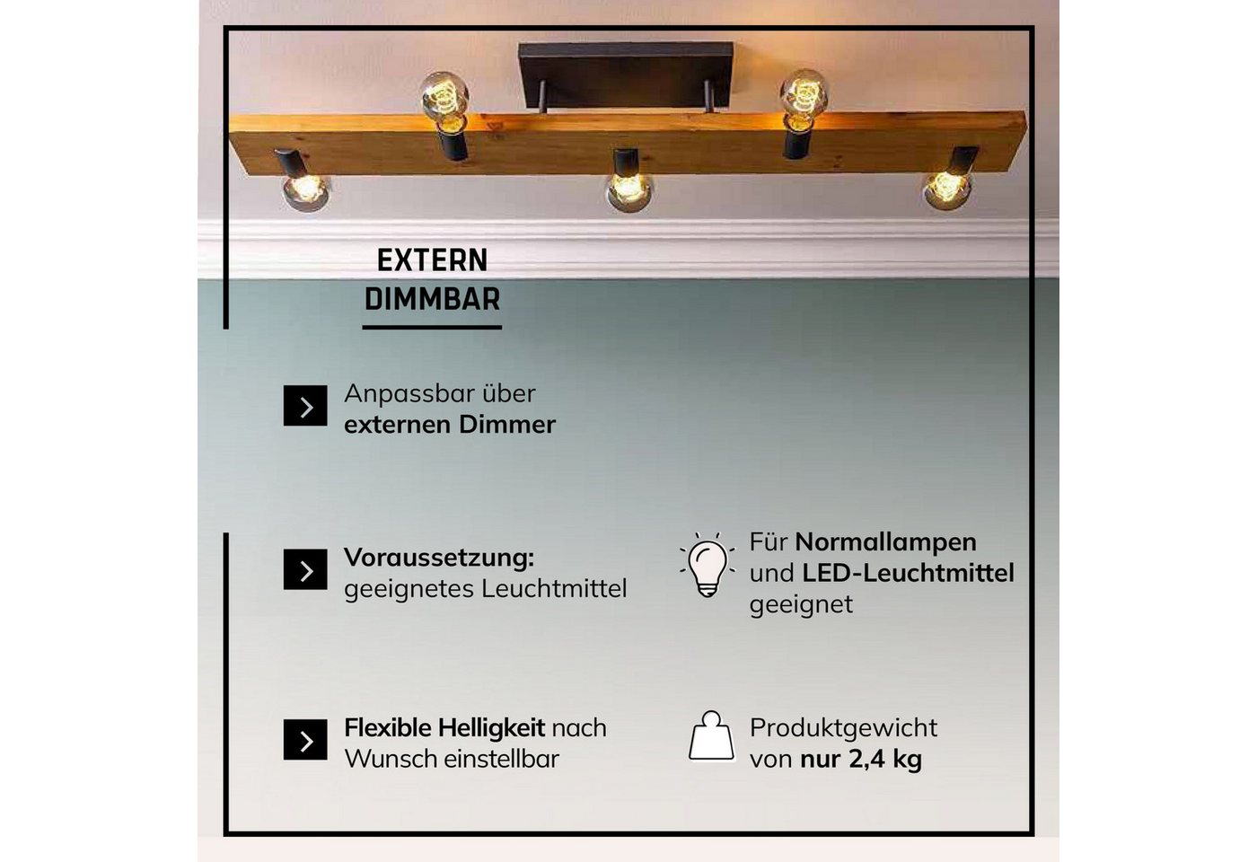 Lightbox Deckenleuchte, ohne Leuchtmittel, Deckenlampe, E27, 115 x 12,5 cm, Holz/Metall, braun/schwarz Bild 4