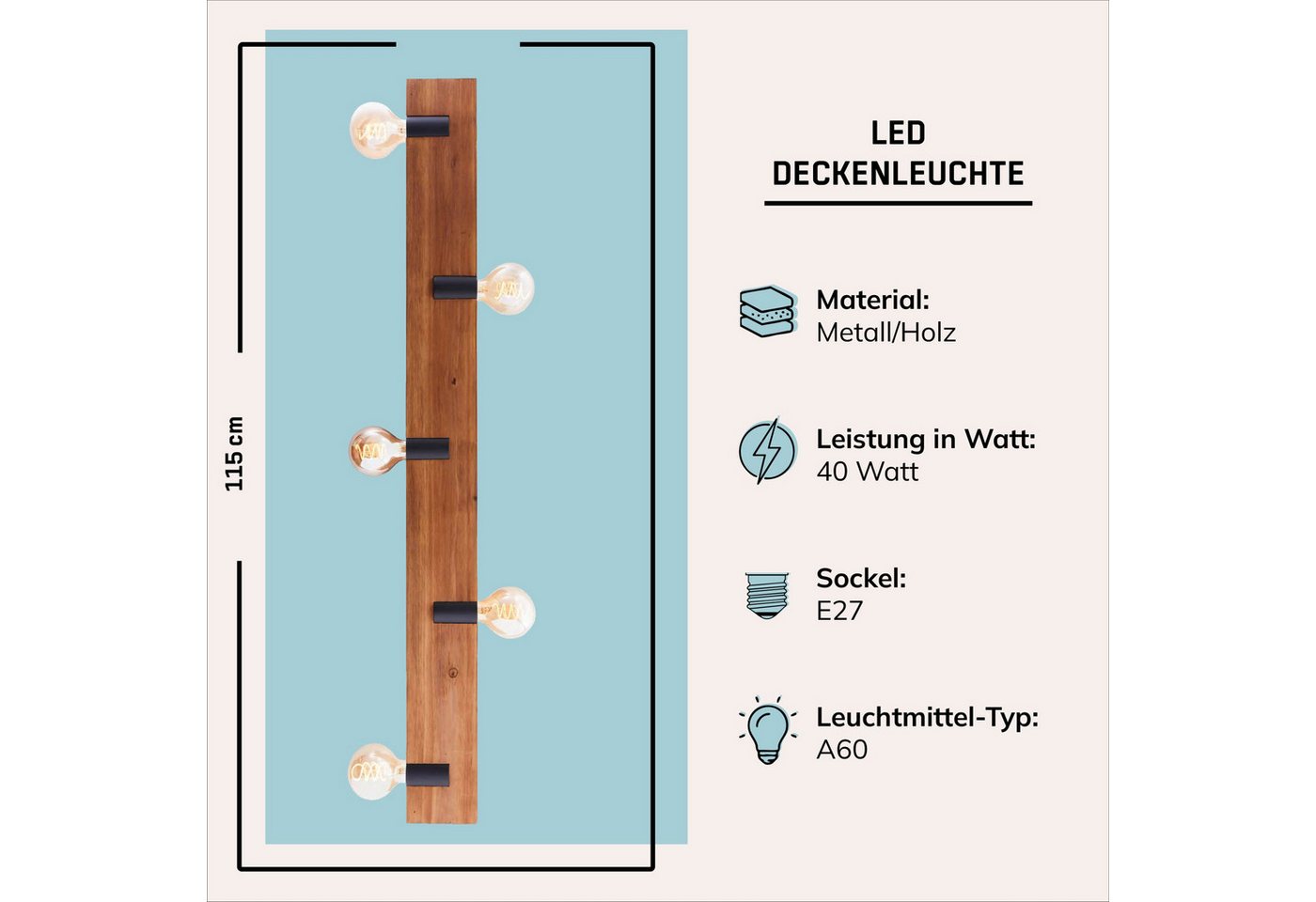 Lightbox Deckenleuchte, ohne Leuchtmittel, Deckenlampe, E27, 115 x 12,5 cm, Holz/Metall, braun/schwarz Bild 5