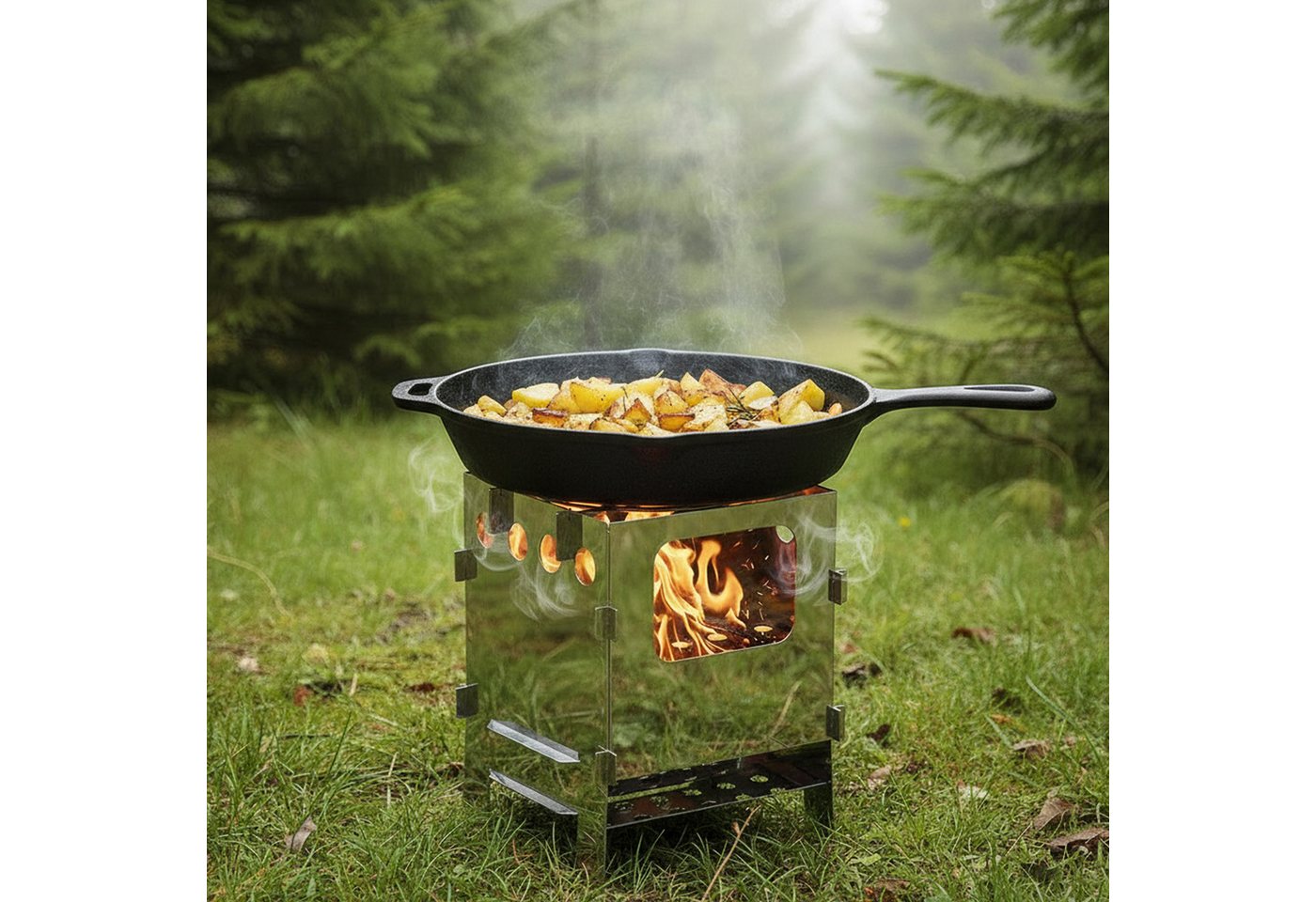 BIG-PAN Feuerstelle Hobokocher Campingkocher Edelstahl mit Grillfächer, (mini Holzofen Tragbar), Campingofen Klappbar Faltkocher Bild 2