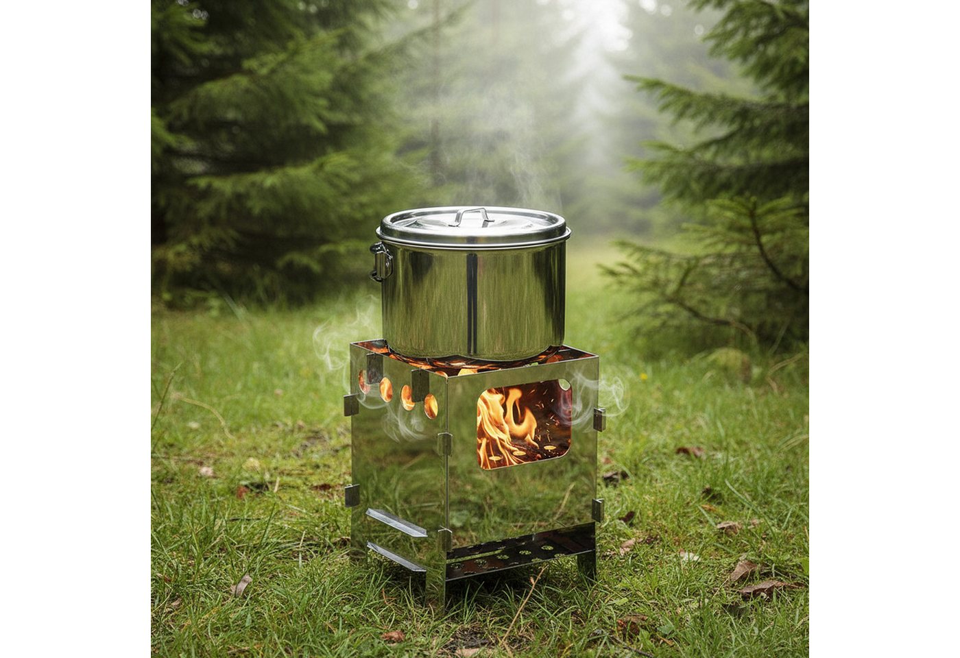 BIG-PAN Feuerstelle Hobokocher Campingkocher Edelstahl mit Grillfächer, (mini Holzofen Tragbar), Campingofen Klappbar Faltkocher Bild 4