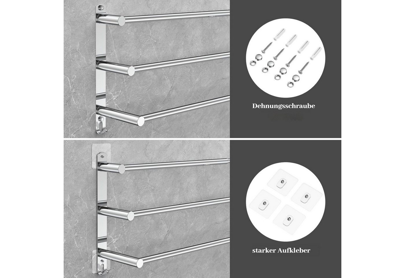 BlingBin Handtuchhalter Ausziehbar 43-78CM ohne Bohren Edelstahl Handtuchstange, mit Haken Badetuchhalter Wandmontage mit Bohren und Klebend
