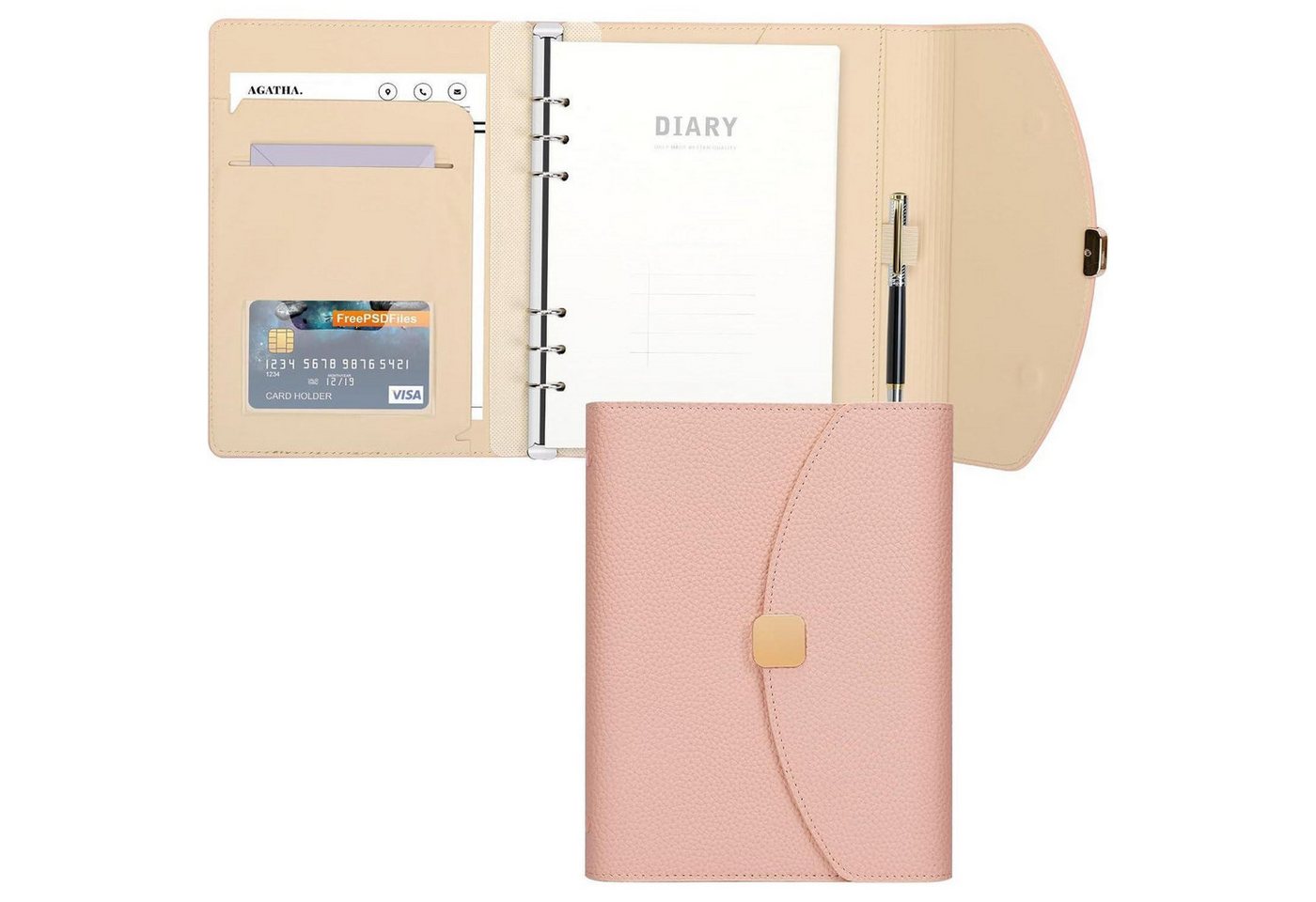 FYY Notizbuch A5 PU Leder Binder Notizbuch mit 6 Ringen, Rosa 100 Blätter