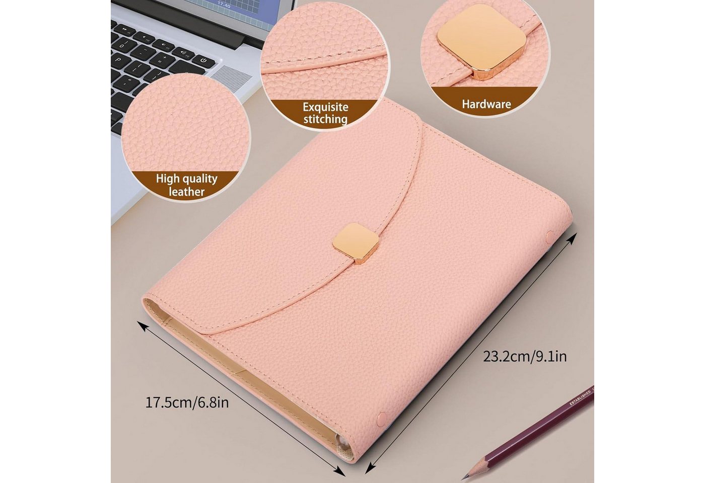 FYY Notizbuch A5 PU Leder Binder Notizbuch mit 6 Ringen, Rosa 100 Blätter Bild 5