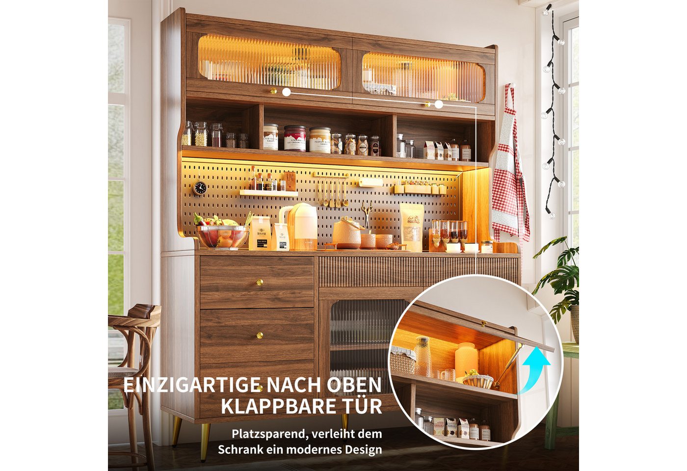 Odikalo Küchenbuffet Küchenschrank Buffetschrank mit LED (mit LED-Beleuchtung & App, Schmaler Hochschrank für Küche & Wohnzimmer, Stilsicherer Aufbewahrungsschrank mit Lochwand, Schublade & Glasböden 145x39x171 cm)