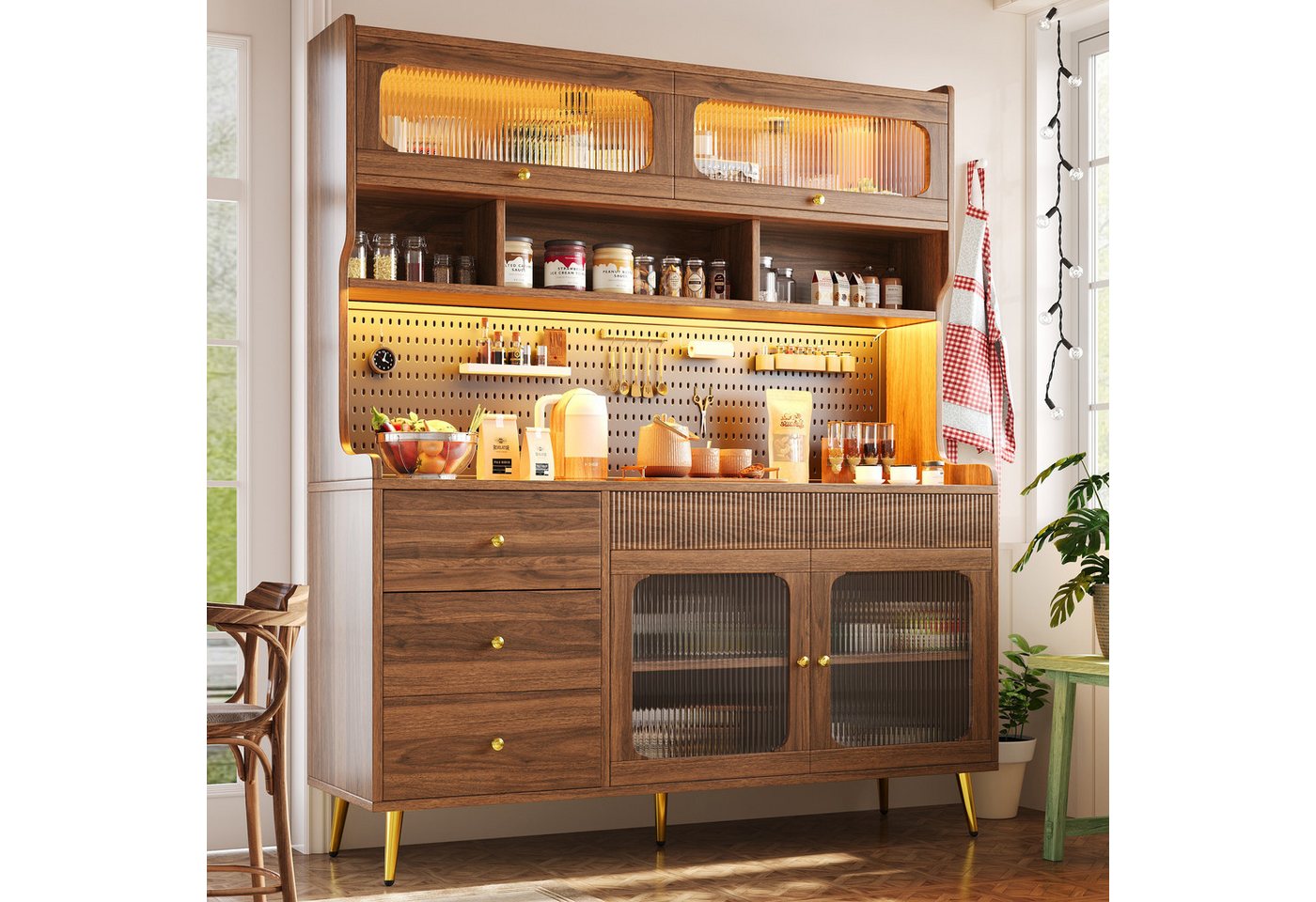 Odikalo Küchenbuffet Küchenschrank Buffetschrank mit LED (mit LED-Beleuchtung & App, Schmaler Hochschrank für Küche & Wohnzimmer, Stilsicherer Aufbewahrungsschrank mit Lochwand, Schublade & Glasböden 145x39x171 cm) Bild 2