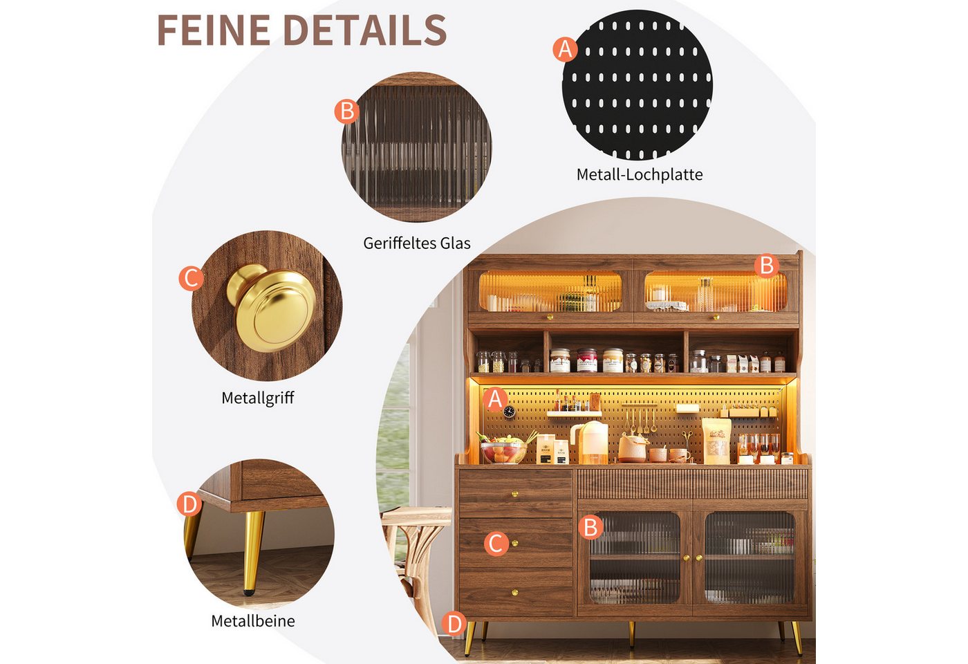 Odikalo Küchenbuffet Küchenschrank Buffetschrank mit LED (mit LED-Beleuchtung & App, Schmaler Hochschrank für Küche & Wohnzimmer, Stilsicherer Aufbewahrungsschrank mit Lochwand, Schublade & Glasböden 145x39x171 cm) Bild 3