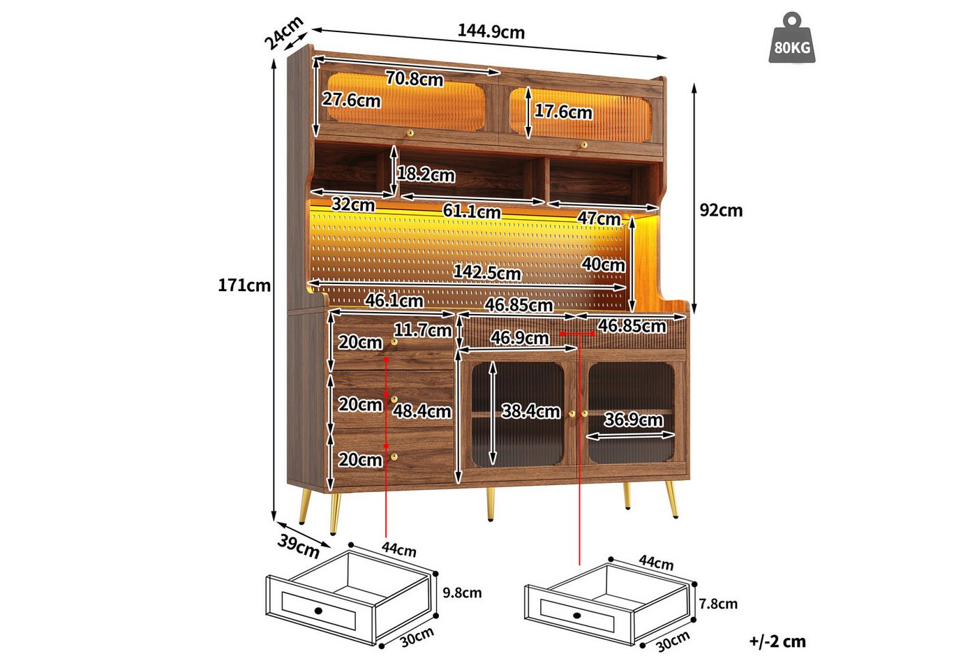 Odikalo Küchenbuffet Küchenschrank Buffetschrank mit LED (mit LED-Beleuchtung & App, Schmaler Hochschrank für Küche & Wohnzimmer, Stilsicherer Aufbewahrungsschrank mit Lochwand, Schublade & Glasböden 145x39x171 cm) Bild 4