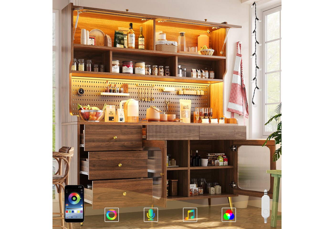 Odikalo Küchenbuffet Küchenschrank Buffetschrank mit LED (mit LED-Beleuchtung & App, Schmaler Hochschrank für Küche & Wohnzimmer, Stilsicherer Aufbewahrungsschrank mit Lochwand, Schublade & Glasböden 145x39x171 cm) Bild 5