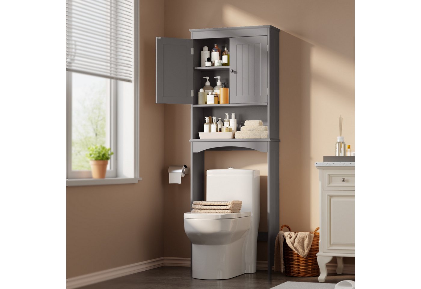 Blishom Badregal WC-Regal über Toilette, Badezimmerschrank mit Verstellbarem Regalboden, Badregal Platzsparend mit Offenem Fach, 167 x 60 x 23 cm