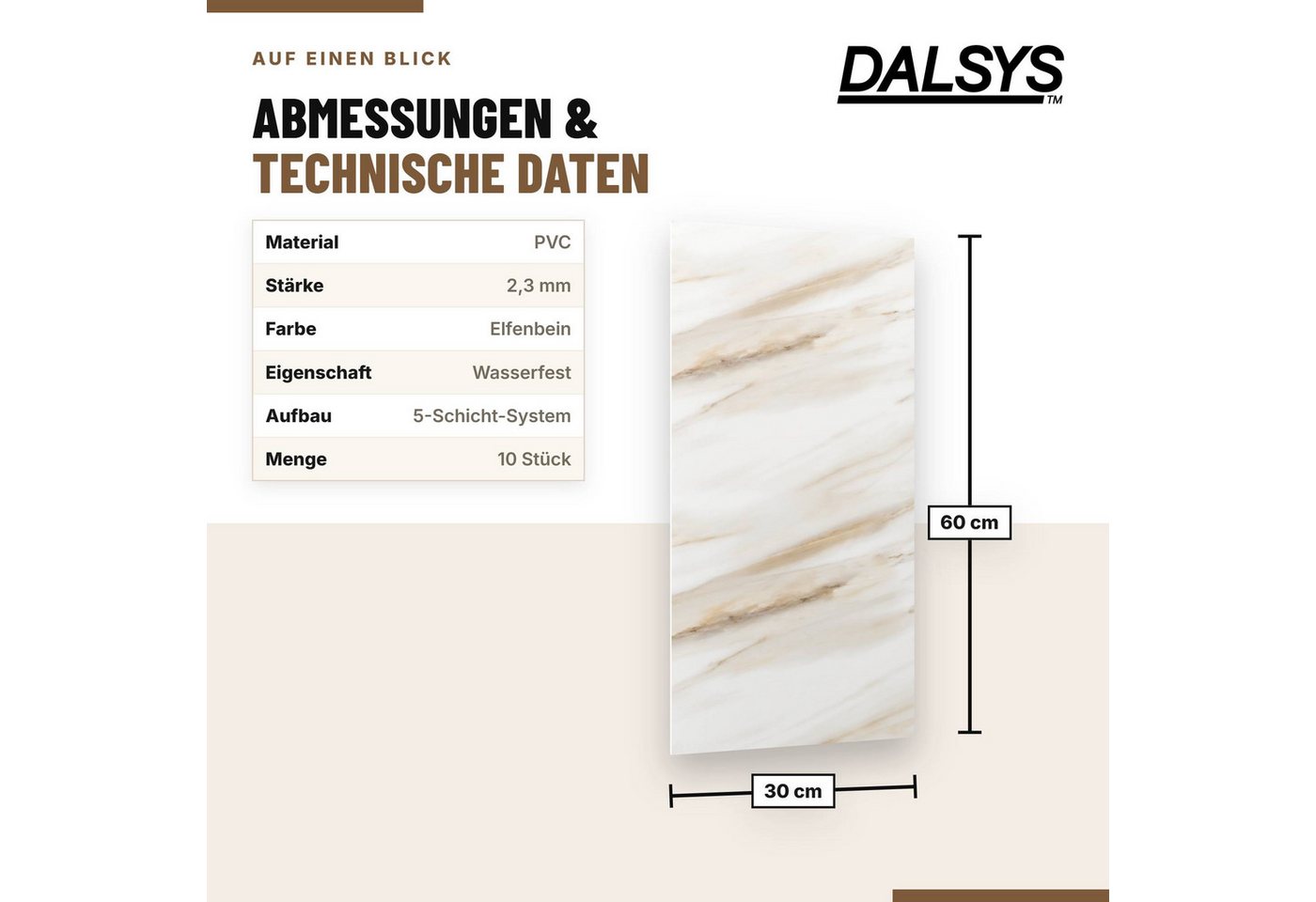 Dalsys Wandpaneel Wandverkleidung selbstklebend aus PVC, BxL: 30x60 cm, (60x30cm Marmoroptik Elfenbein, 10-tlg., flexible Wandverkleidung Badezimmer wasserfest) 2,3mm Materialstärke, Spritzschutz Küchenrückwand