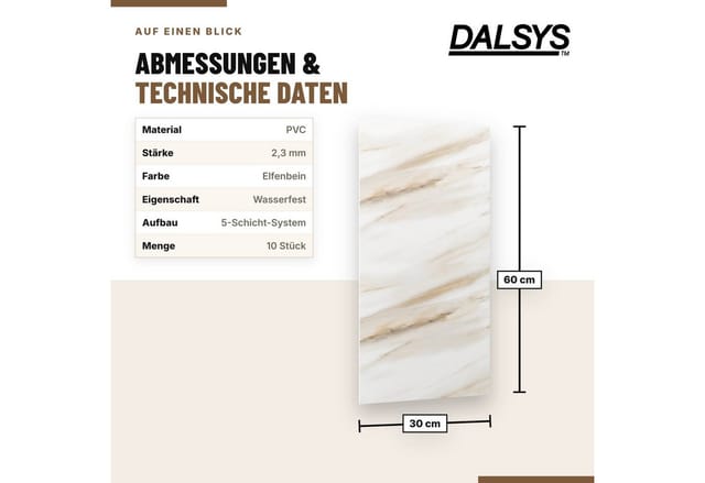 Dalsys Wandpaneel Wandverkleidung selbstklebend aus PVC, BxL: 30x60 cm, (60x30cm Marmoroptik Elfenbein, 10-tlg., flexible Wandverkleidung Badezimmer wasserfest) 2,3mm Materialstärke, Spritzschutz Küchenrückwand